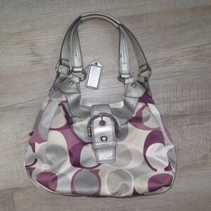 COACH silver and purple signature SOHO satin scarf print